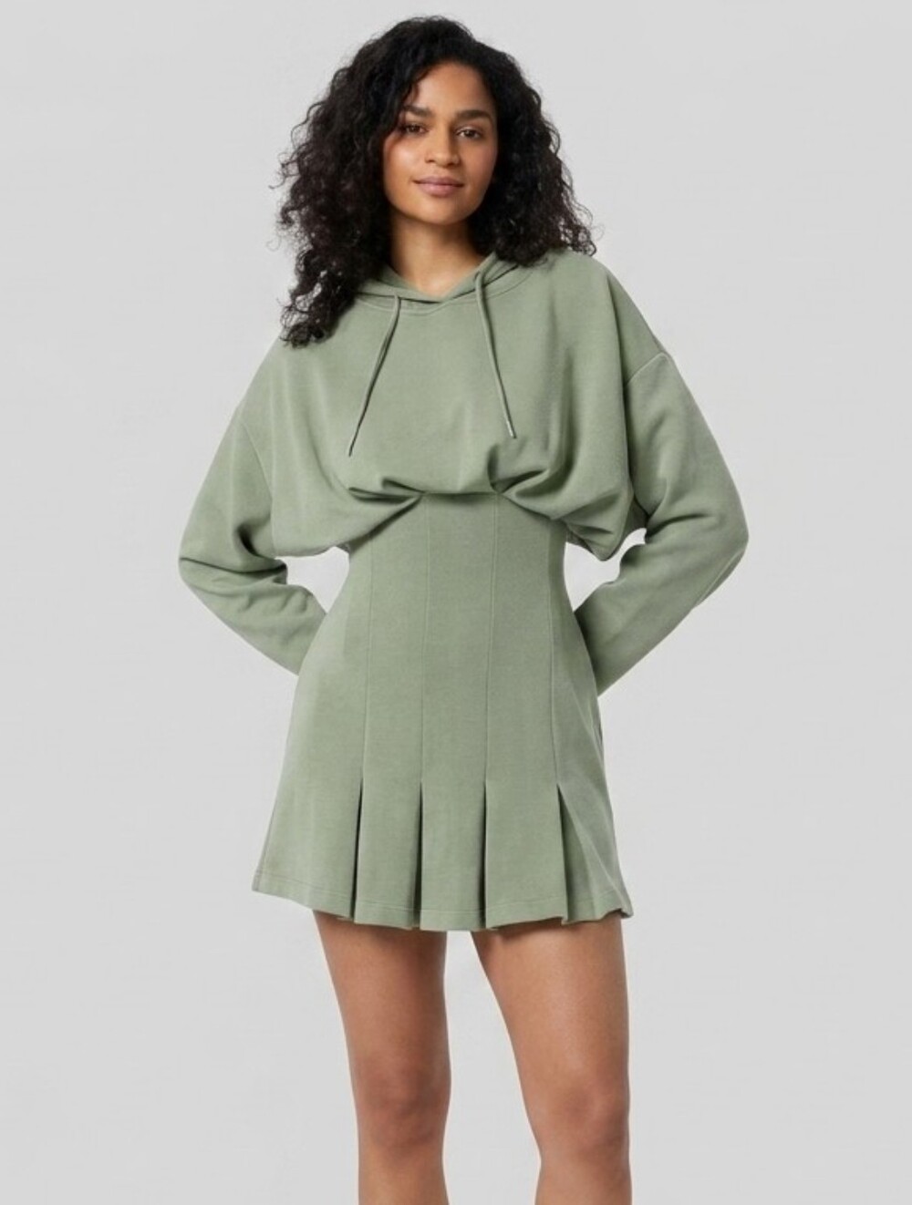 Halara Pleated Hem Hoodie Dress SpacerTek Size XS Green Flirty Casual Sporty